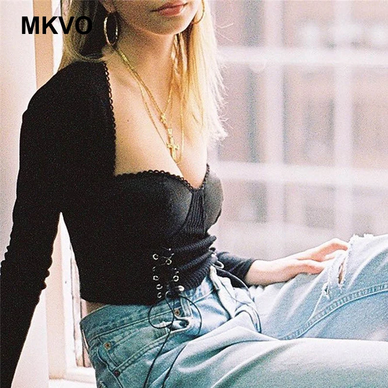 Женская Кружевная футболка с длинным рукавом и круглым вырезом двойным ремешком