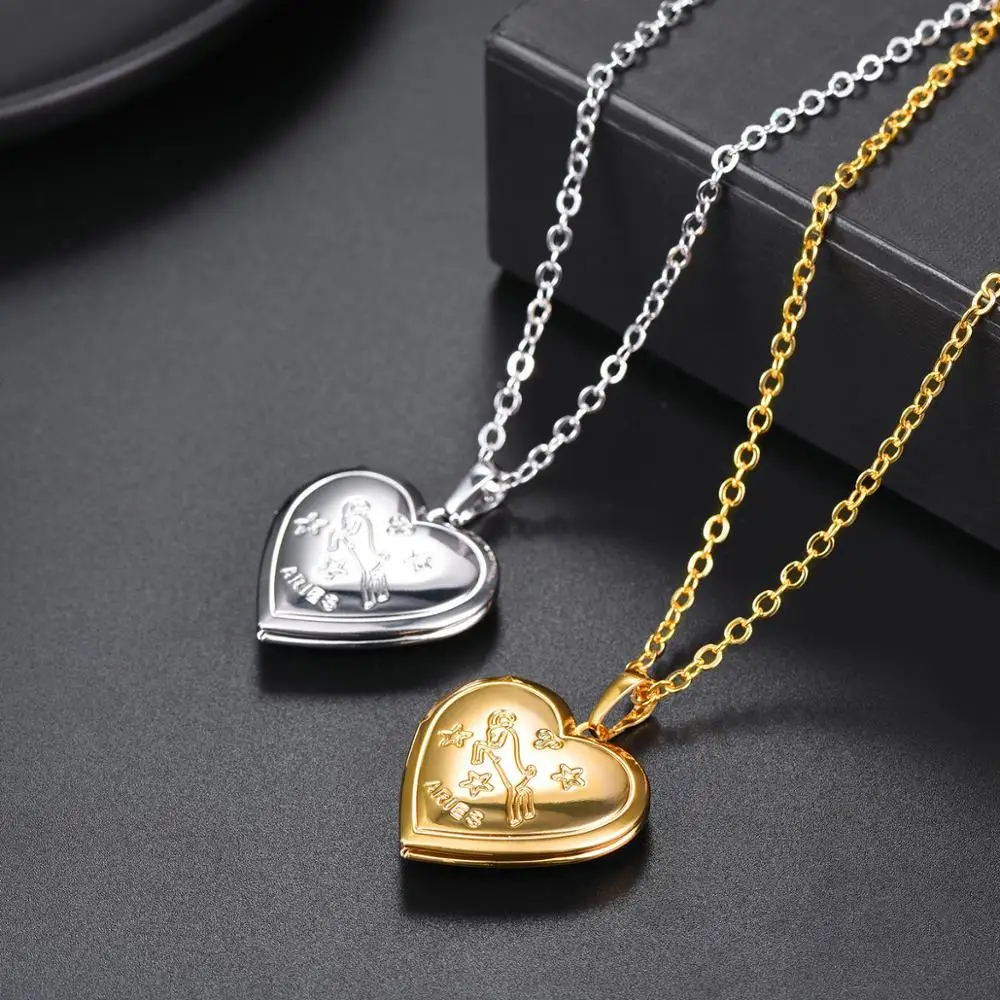 

Hollow Gold Color 12 Zodiac Signs Pattern Photo Frame Box Pendants Necklace Love Heart Shaped Photo Locket Chains Necklace