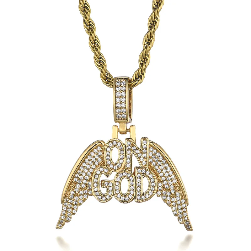

Hip Hop Claw Setting 5A+ Cubic Zirconia Bing Iced Out ON GOD Angel Wing Pendants Necklace for Men Rapper Jewelry Gift