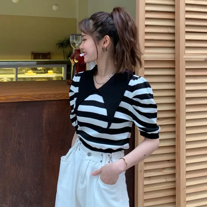 

New Ins Hipster Puff Short Sleeve Summer Tees Women Clothes Korean Fashion Turn-down Collar Striped T Shirts Ladies Tops Knitted