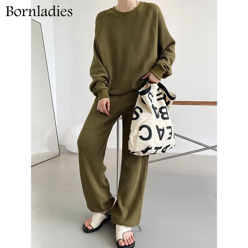 Bornladies 2022 осенний женский хлопковый костюм с вафельным принтом комплект оверсайз