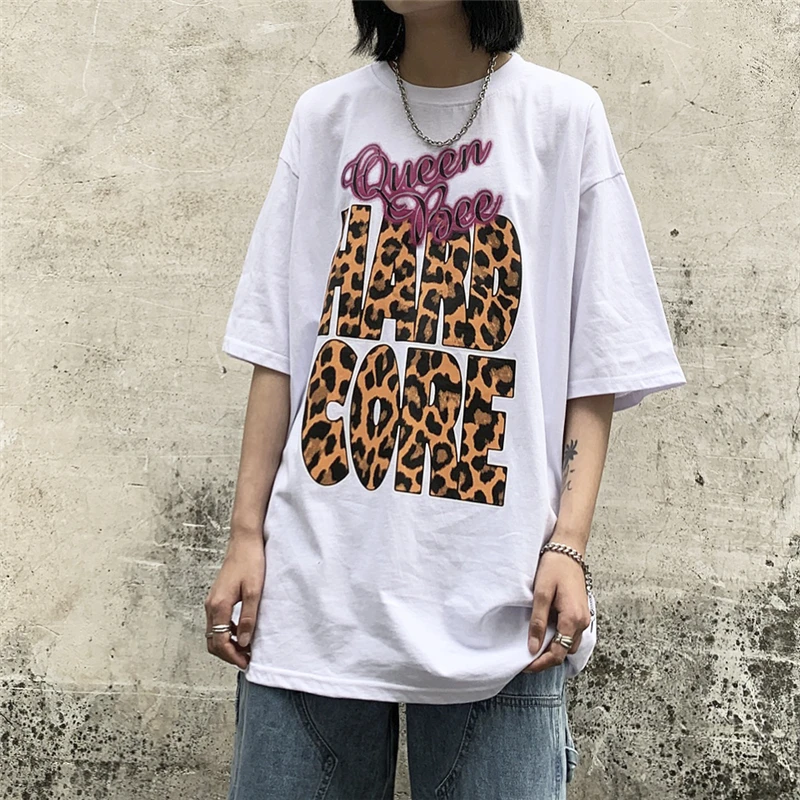 

Leopard Letter Print Oversize Short Sleeve Couple Tshirts O Neck Cotton Loose Casual Summer T Shirt Streetwear Baggy Top Tees