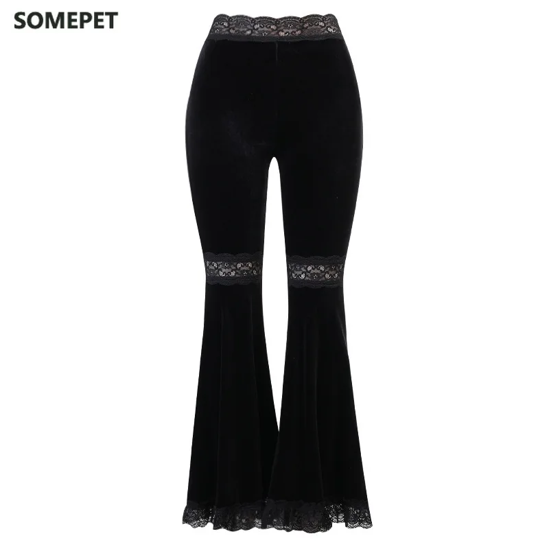 

Sexy Fashion Patchwork Lace Solid Flare Pants Women Gothic Dark High Waist Loose Trousers New Street Suede Pants