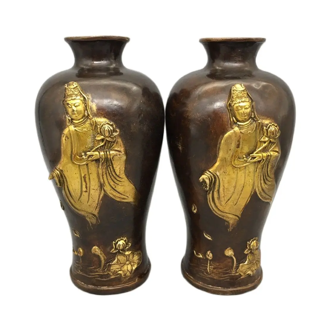 

Высота 21 см! Коллекция 1 пара, китайская старинная бронза ручной работы, Золотая блестящая, высококачественное домашнее художественное укра...