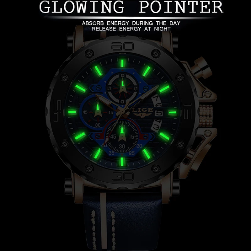 Часы наручные LIGE Мужские кварцевые с большим циферблатом брендовые Роскошные