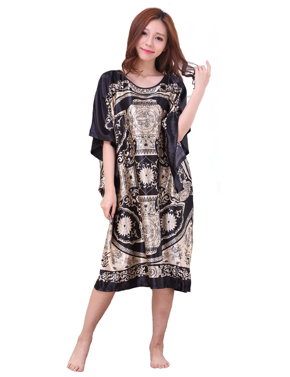 

BLACK Plus Size Women's Faux Silk Robe New Fashion Style Summer Lady Bath Gown Bathrobe Nightgown Sleepwear Mujer Pijama Zh12E