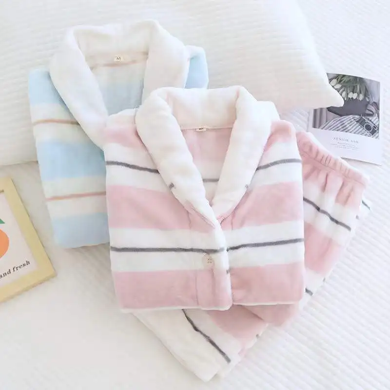 Flannel Winter Pajamas Set Thick Warm 2 Pieces Women Sleepwear Casual Loose Pyjamas Suit Homewear Coral Fleece Nightwear