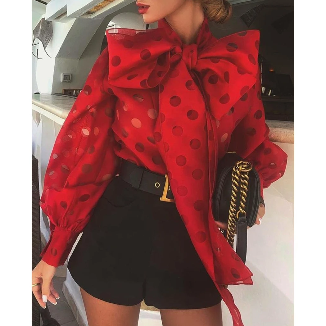 Элегантные вечерние рубашки в горошек с вырезами женская блузка бантом и