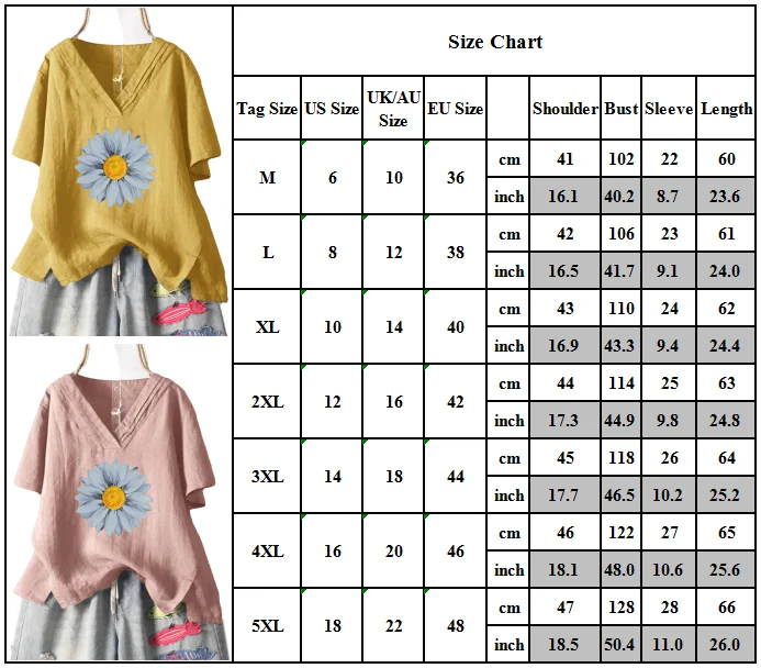 

Women Daisy Floral V Neck Short Sleeve Tunic Shirt Tops Loose Blouse Plus Size