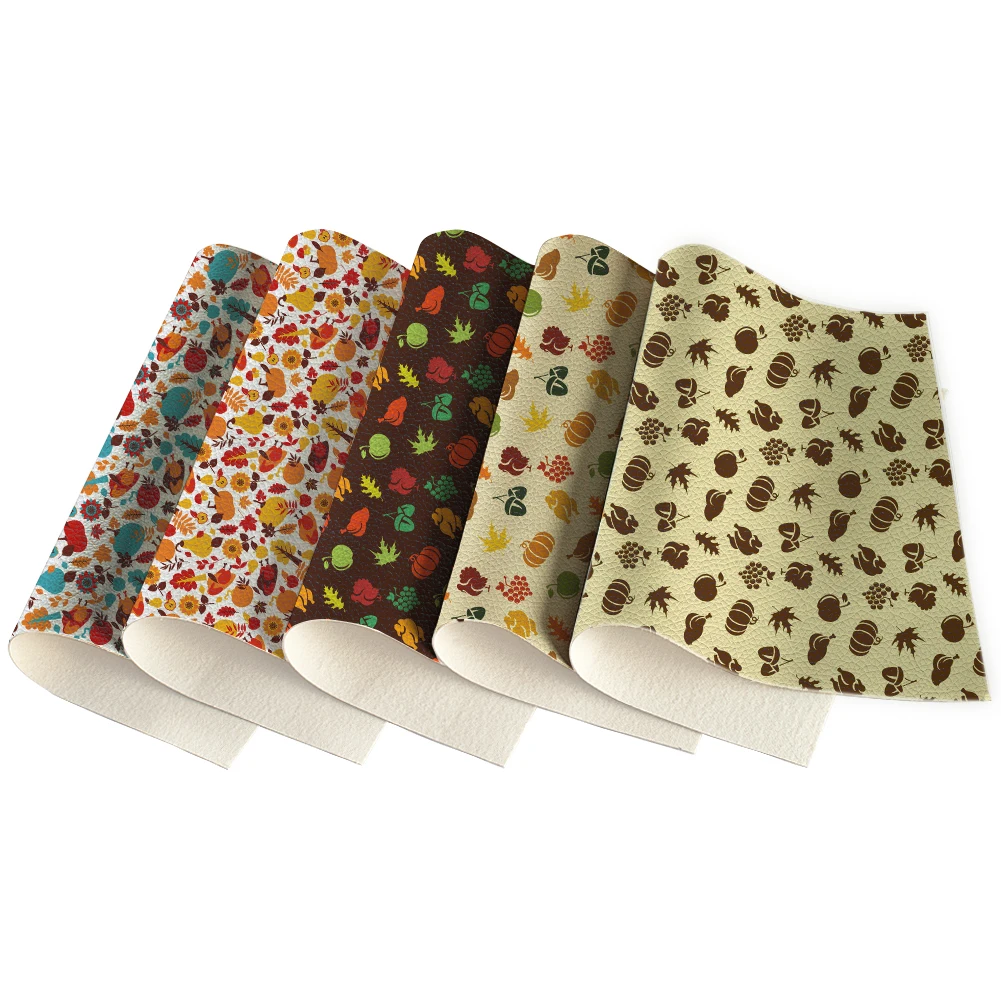 

5pcs Thanksgiving Turkey Pumpkin Maple Leaf Printed Lychee Pattern Synthetic Leather Fabric for DIY Crafts Making,30*22