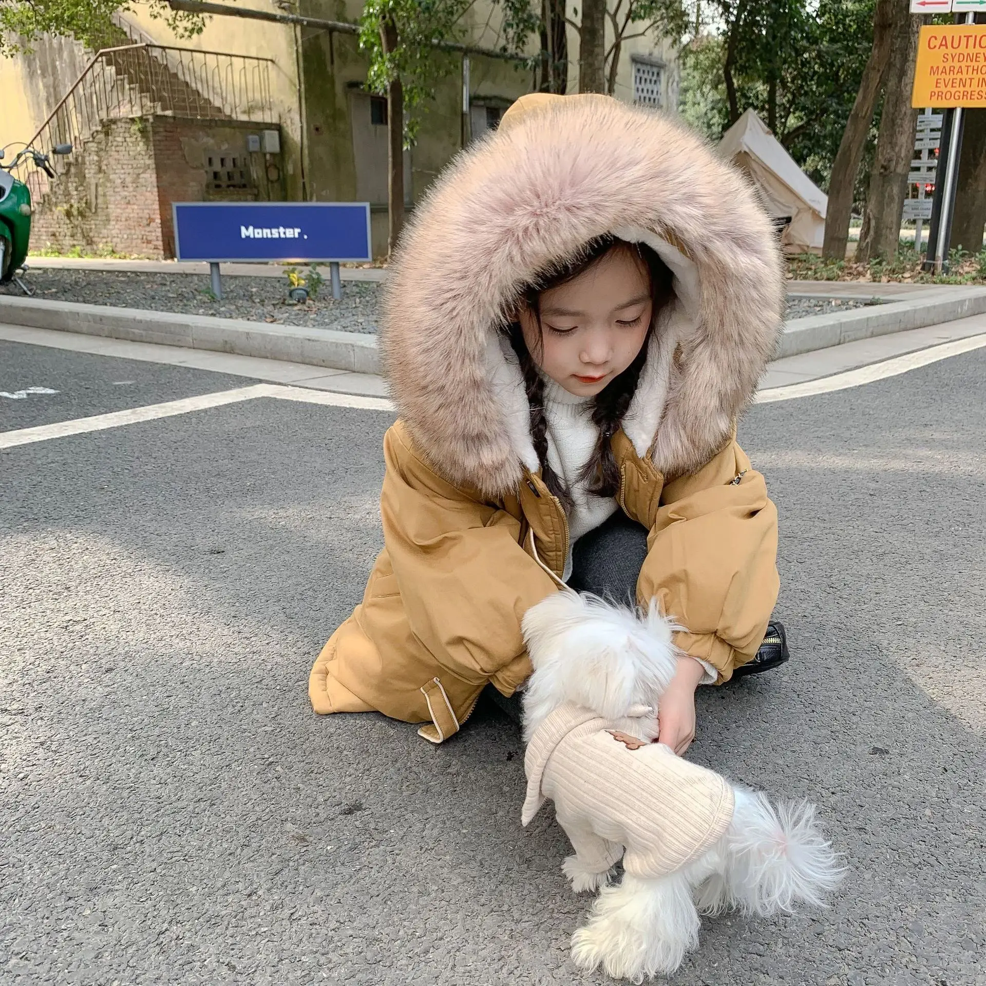 

New Winter Jackets For Girls Long Coat Plus Velvet Hooded Parka With Fur Collar Kids Snowsuit Outerwear Children Clothing