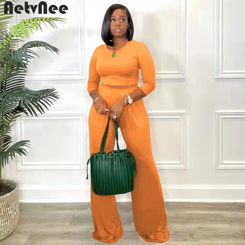 

Женский брючный костюм AetvNee, однотонный комплект из двух предметов, осенняя облегающая футболка и брюки с широкими штанинами, Офисная повсе...