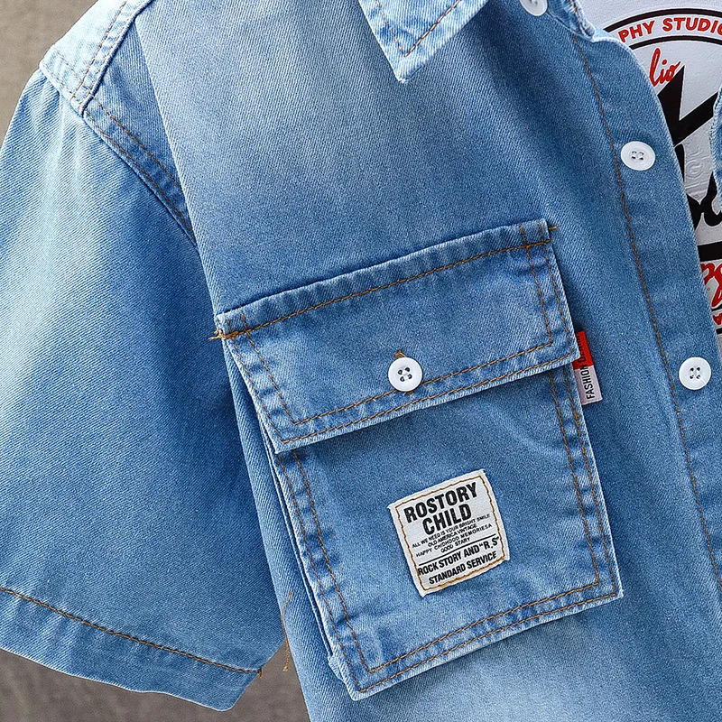 

Loldeal Denim Shirt Men Slim Short Sleeve Washed Casual Multiple Pockets