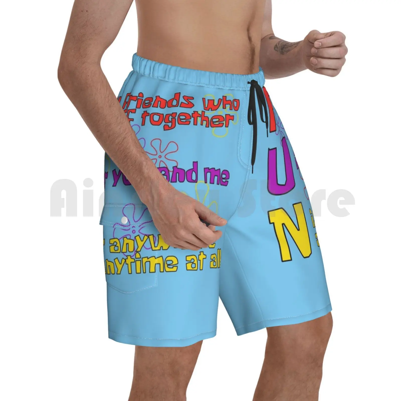 

F.u.n Song ( Version ) Beach Shorts Men Beach Pants Swim Trunks Star Squidward Mr Krabs Plankton Sandy Cartoons