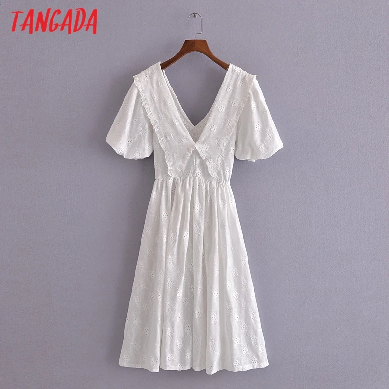 

Tangada Women White Cotton Embroidery Romantic Dress Puff Short Sleeve Backless Females Midi Dresses Vestidos 3H271