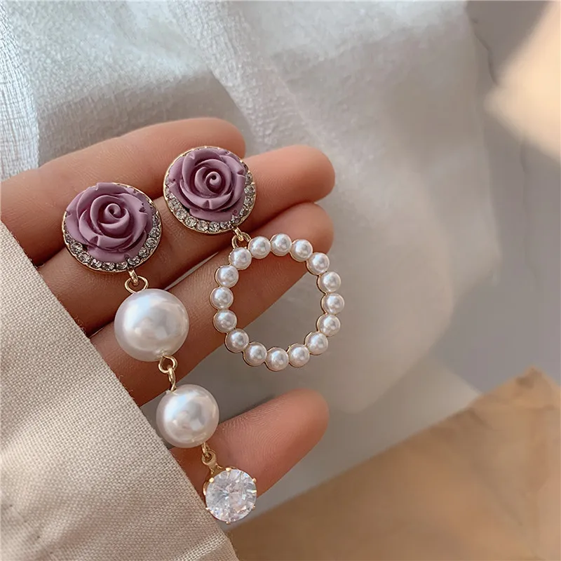

Retro Asymmetrical Circle Pearl Pendant Wild Earrings Female Super Fairy Rose Flower Ear Jewelry Korean For Women Gifts