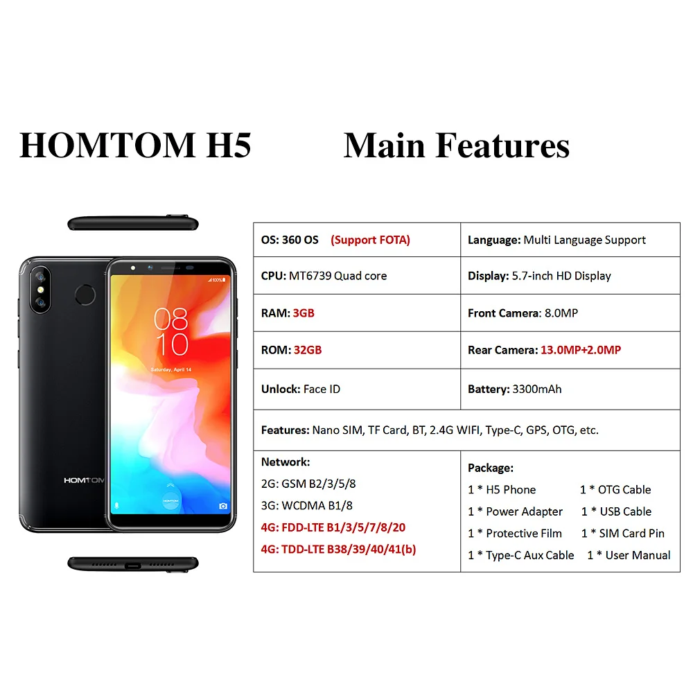 HOMTOM H5 5,7 дюймовый IPS дисплей 3GB RAM 32GB ROM 4 ядра 1,3 GHZ мобильный телефон GPS отпечатков пальцев Face ID 13MP смартфон