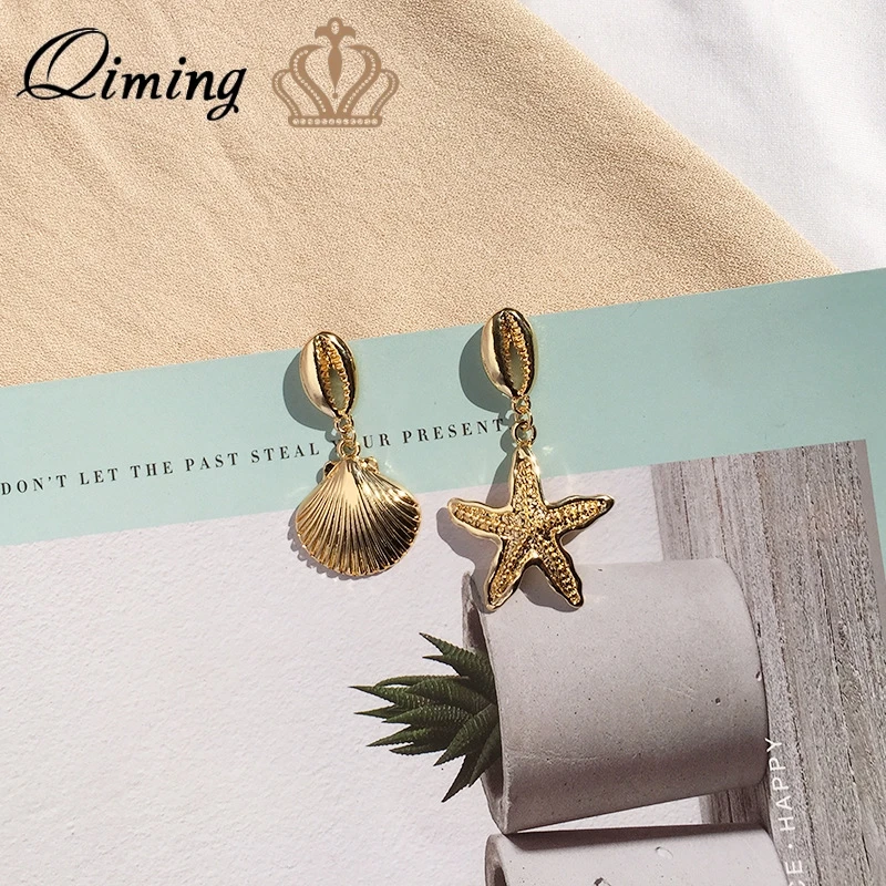 Женские серьги QIMING в виде морской звезды ракушки золотые металлические Cowrie