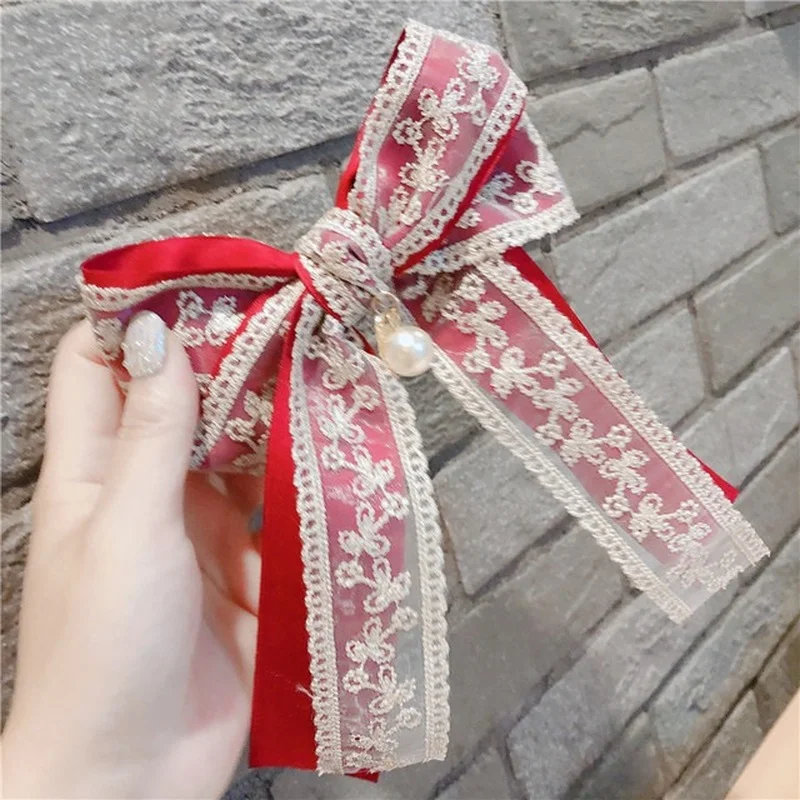 

Head Accessories Korean Hair Trim Edge Clip Spring Double Lace Bowknot Spring Clip Palace Wind Top Clip Embroidery