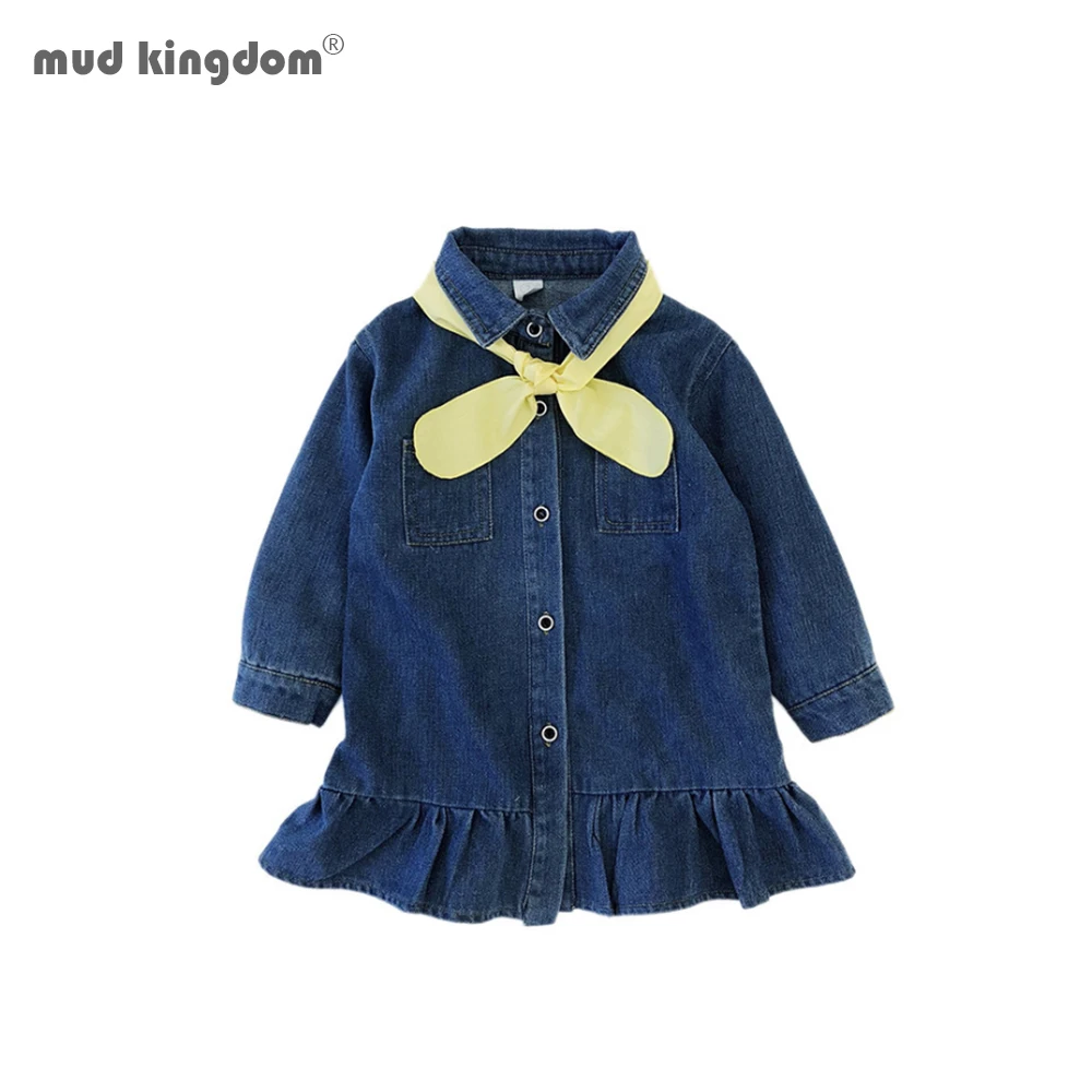 

Mudkingdom Girls Denim Dress Toddler Kids Baby Girls Long Sleeve Denim Dress with Yellow Tie Children Clothes
