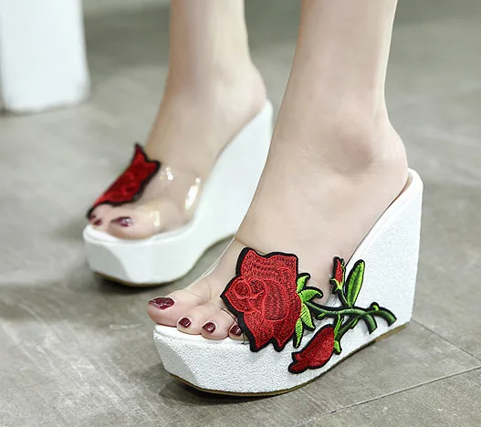 

Rose flower platform wedges ladies slippers transparent slip-ons sequins slides summer women shoes creepers plus size flip flops