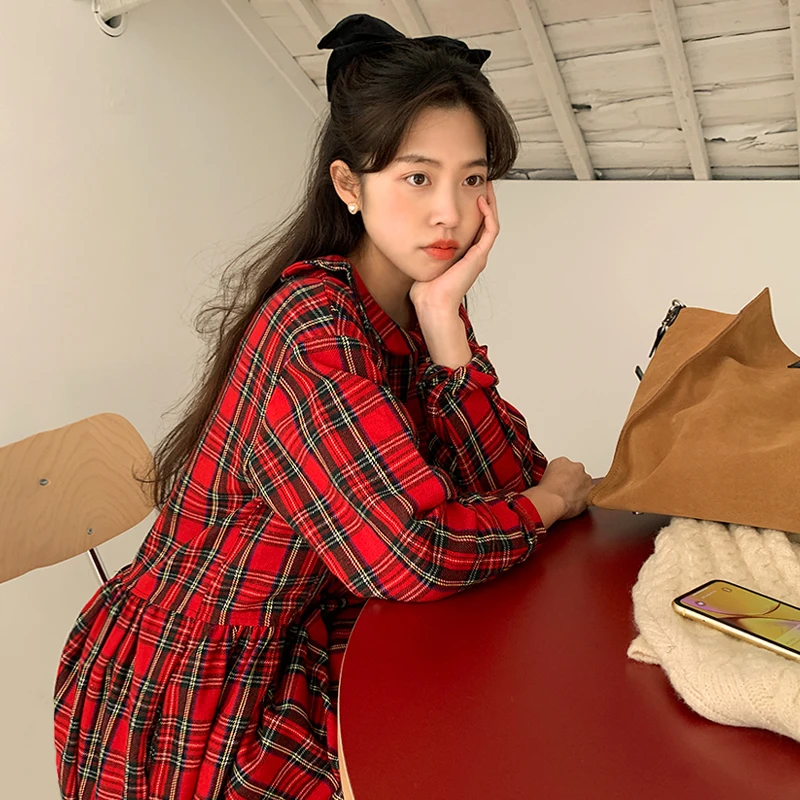 

Dresses Korean Plaid Dress Long Sleeve V-neck 2021 New Temperament High Waist Mid-Length Dress Kawaii Casual dress