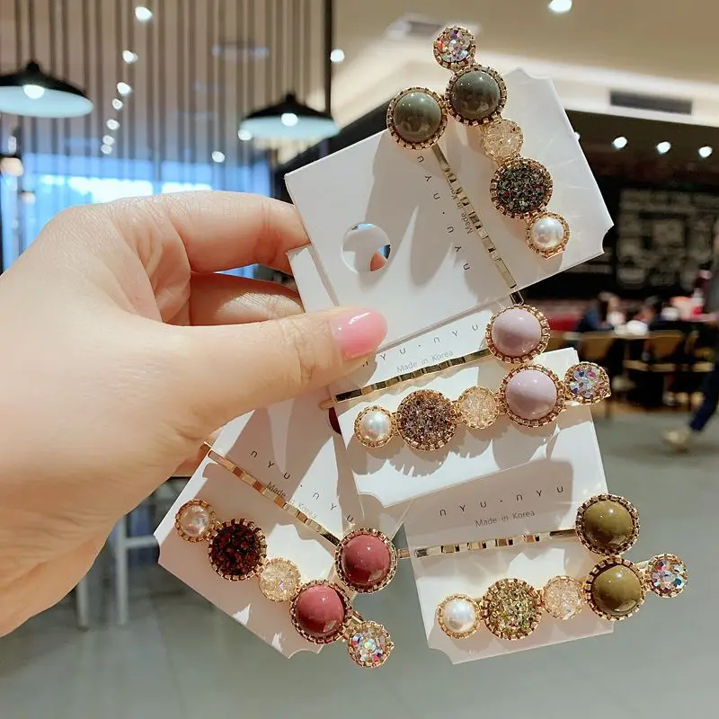 Корейские простые элегантные круглые заколки Стразы с жемчугом заколки-пряжки