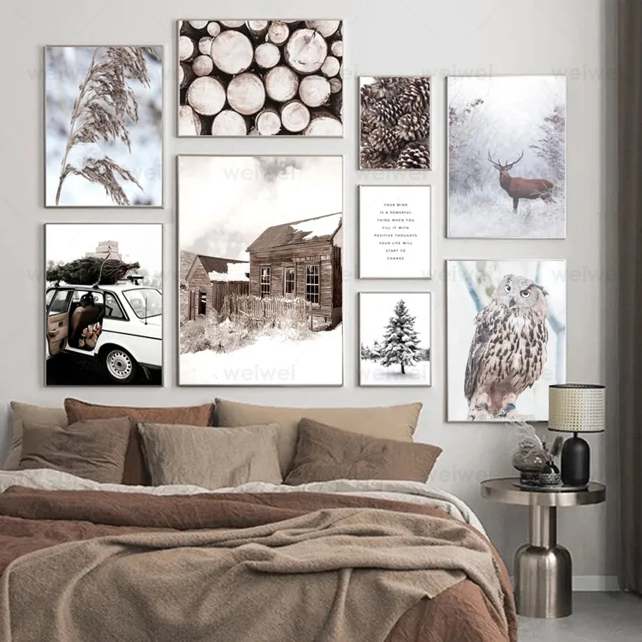 

Winter Snow House Deer Owl Grass Pine Tree Raw Wood Nordic Poster Wall Art Print Canvas Painting Decor Pictures for Living Room