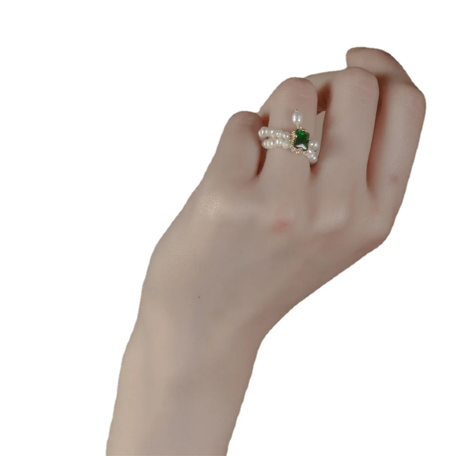 

Ymh Ten Изумрудное Двухрядное кольцо с пресноводным жемчугом Изумрудное элегантное регулируемое кольцо среднего размера