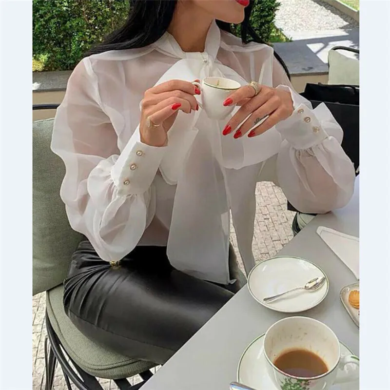 Женские Модные кружевные сетчатые Прозрачные топы с длинным рукавом рубашки со