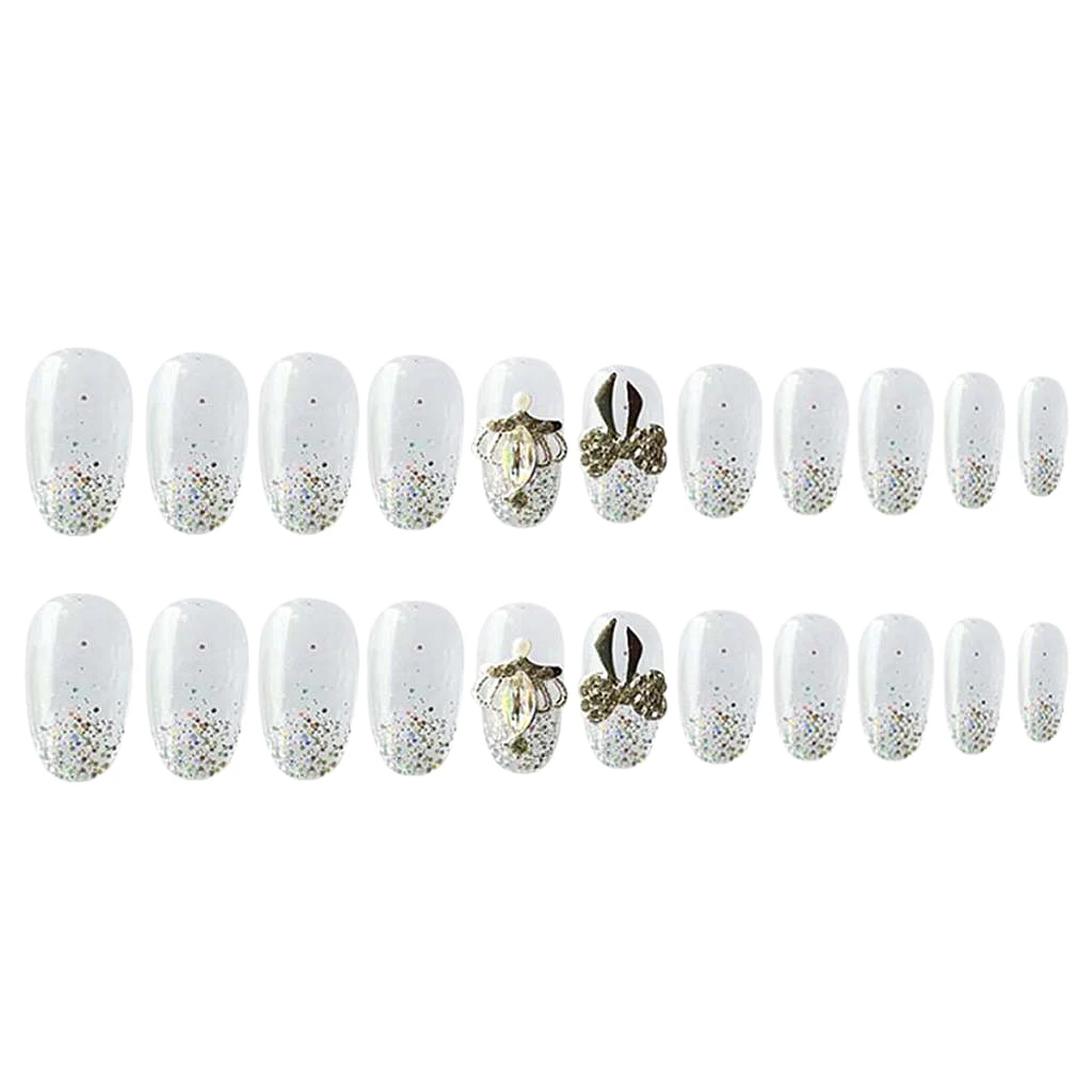 

24Pcs False French Nails Finger Full Cover Nail Art Tip w/ Crown Rhinestones