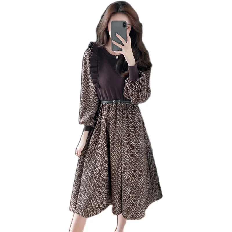 

COIGARSAM French Style Patchwork Women one-piece dress korean Floral Print O-Neck Upset High Waist Dresses Brown Black 2088