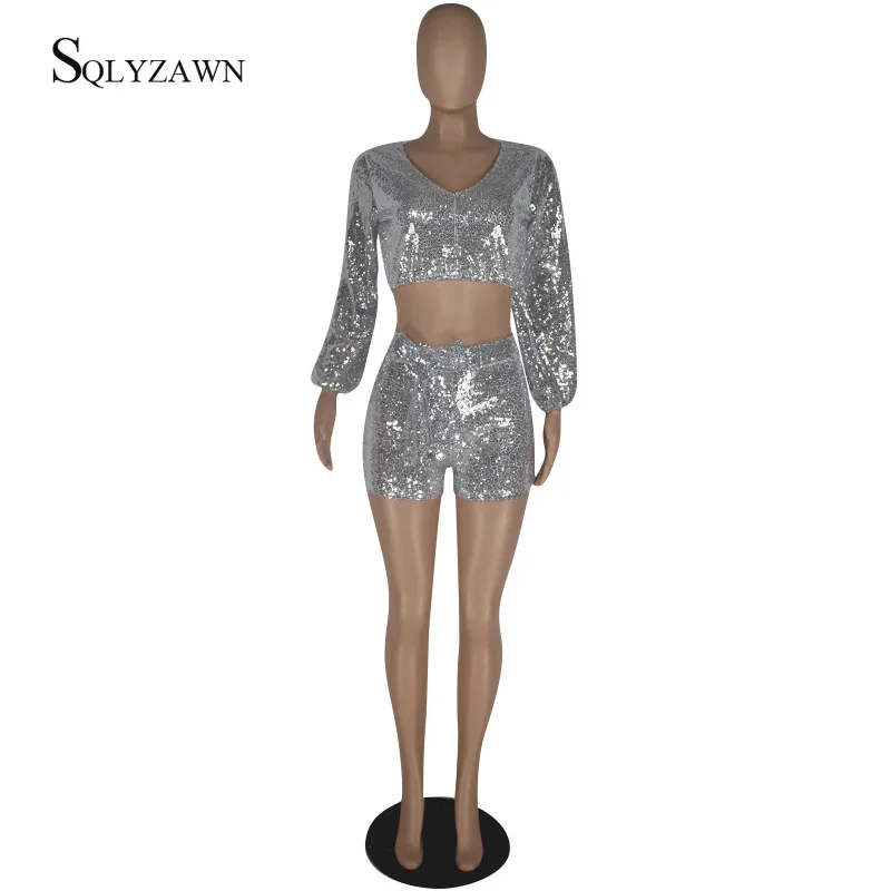 Женский комплект из двух предметов короткий топ с блестками и длинным рукавом |