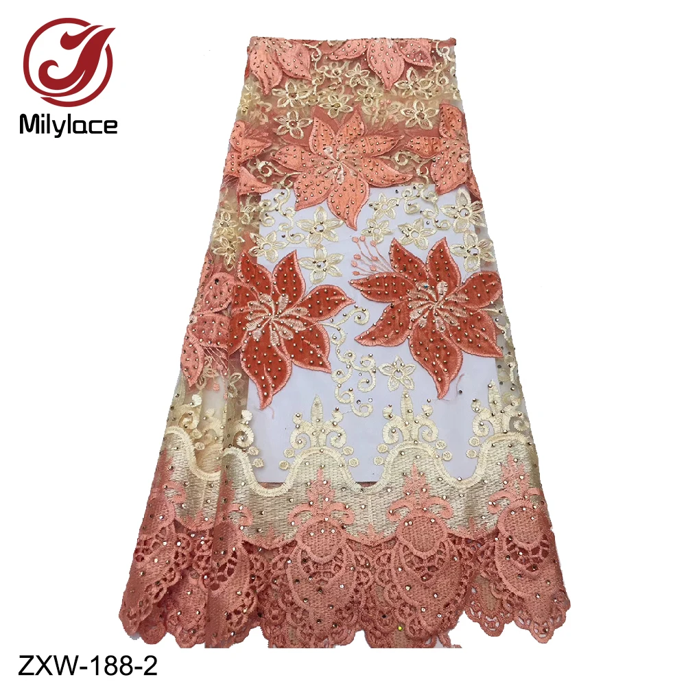 

Milylace latest Nigerian lace fabric 5 yards floral velvet embroidery tulle lace fabric with shiny stones for dresses ZXW-188