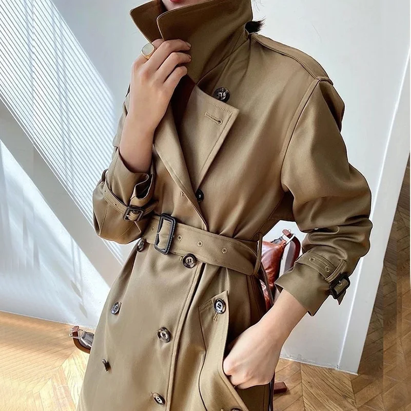

Women's Long Trench Coat with Belt Windbreaker Overcoat Female Solid Khaki Green Double Breasted Jackets Autumn 2021 Elegant