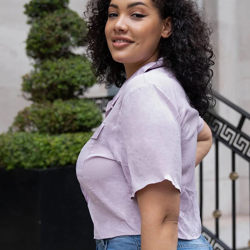 DOIB Purple Solid Plus Size Blouse Women Vintage Short Sleeve Turn Down Blouse 2020 Summer Elegent Blouse Shirt 4XL