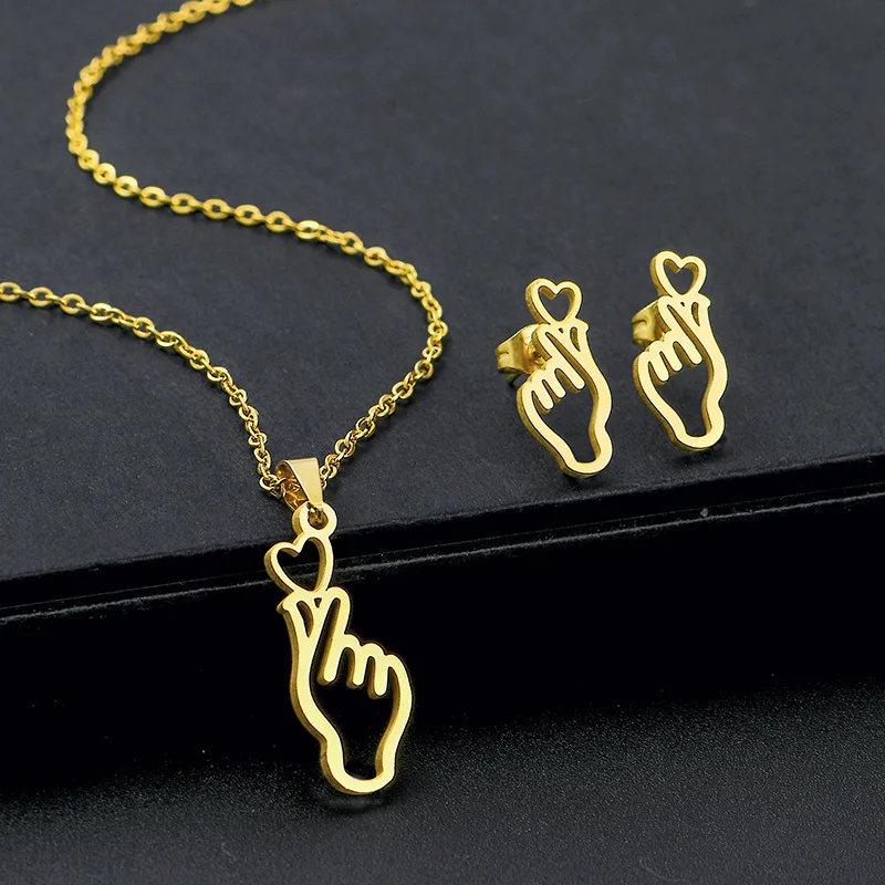 

Stainless steel hollow palm finger necklace earrings set than heart gesture peach heart love necklace women's clavicle chain set