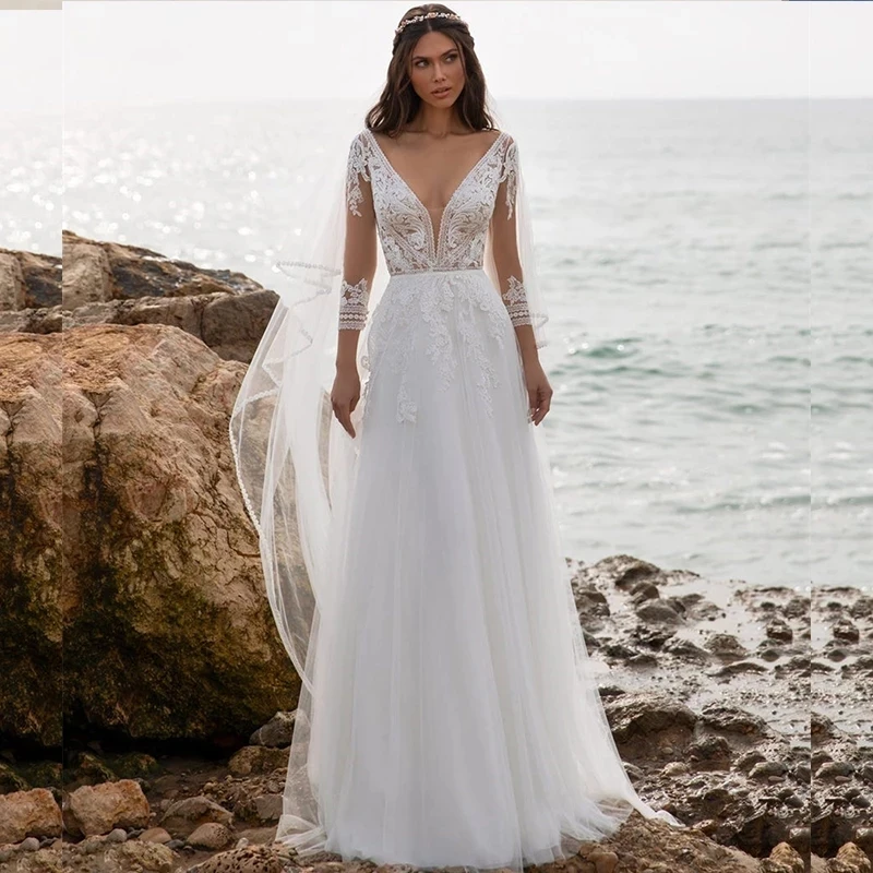 

Пляжное свадебное платье в стиле бохо, ТРАПЕЦИЕВИДНОЕ ПЛАТЬЕ С V-образным вырезом и длинным рукавом, Кружевная аппликация, тюль с открытой с...