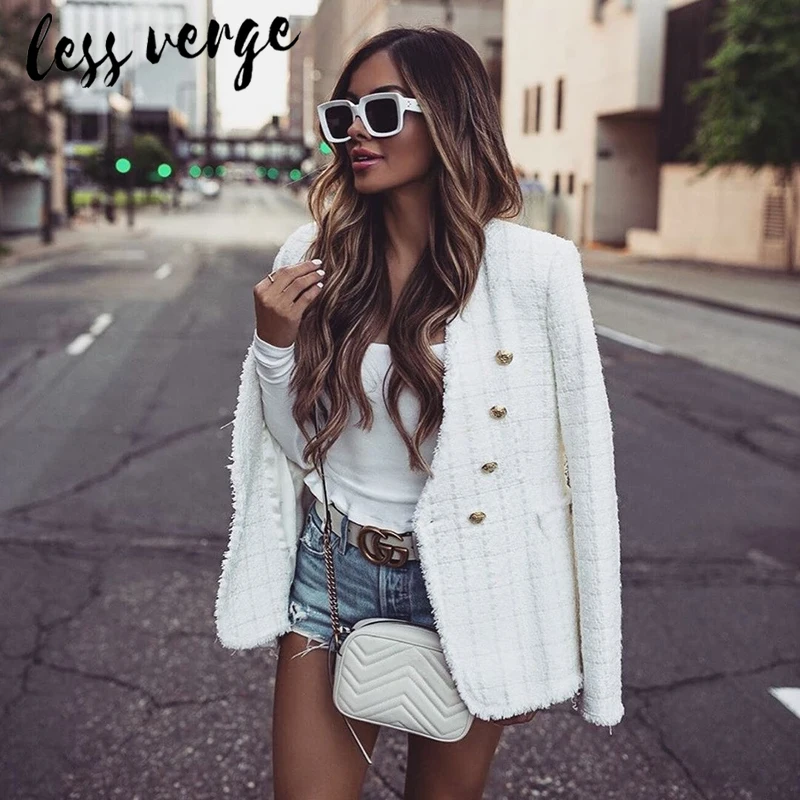 Женская твидовая двубортная куртка Lessverge белая на пуговицах с бахромой и V