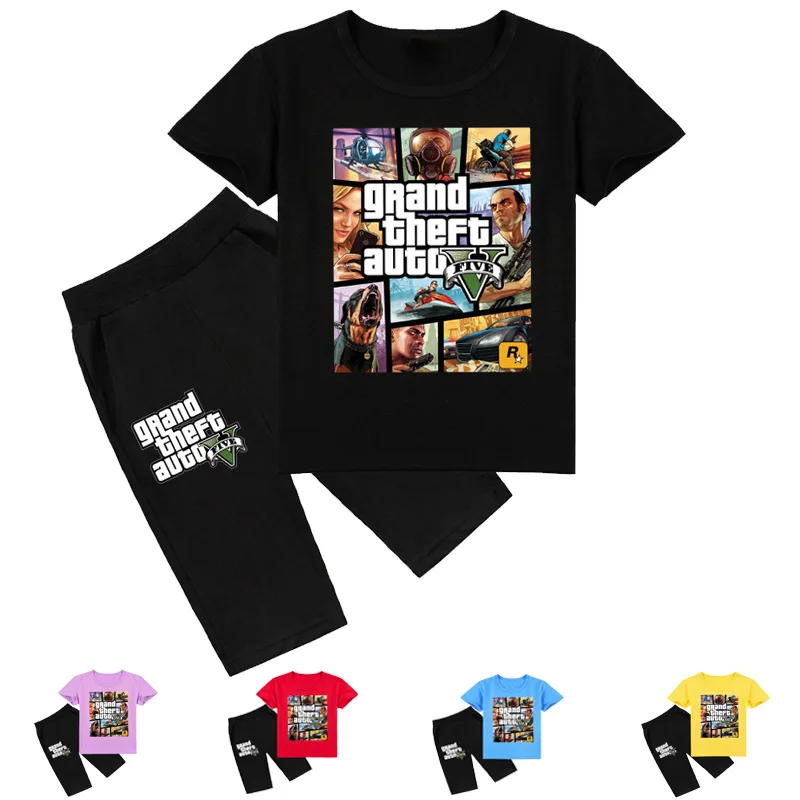 

2-16Y 2020 Summer Grand Theft Auto Game GTA 5 T-shirt Shorts Set Boys Sports Suit Kids Casual Running Clothing Sets Girls Outfit