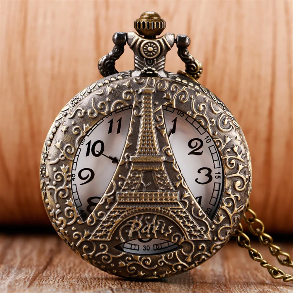 

Classic Eiffel Tower Necklace Pocket Watch Exquisite Pendant Sweater Chain Pocket Clock Souvenir Collection Gifts Men Women