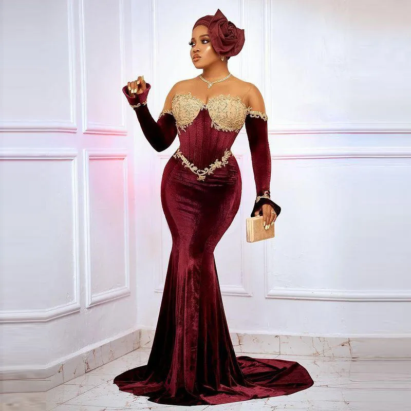 

Burgundy velvet strapless long-sleeved beaded mermaid ball gown formal party host evening dress