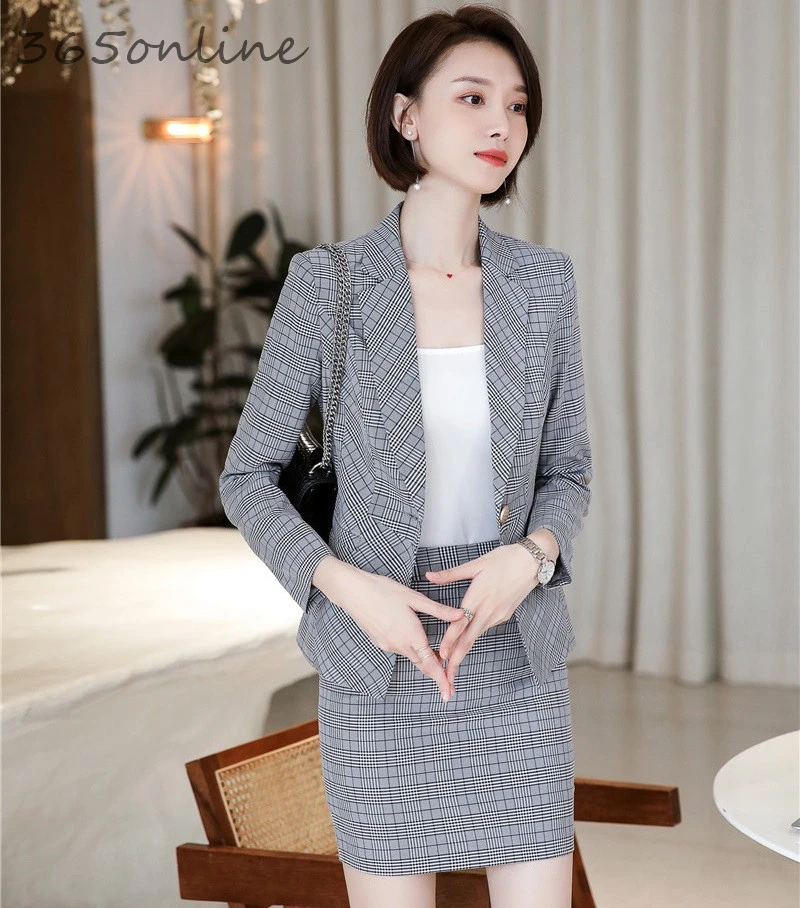 

Fashion Plaid Formal Professional Women Business Suits with Skirt and Tops Ladies Office Work Wear Blazers Spring Autumn OL Sets
