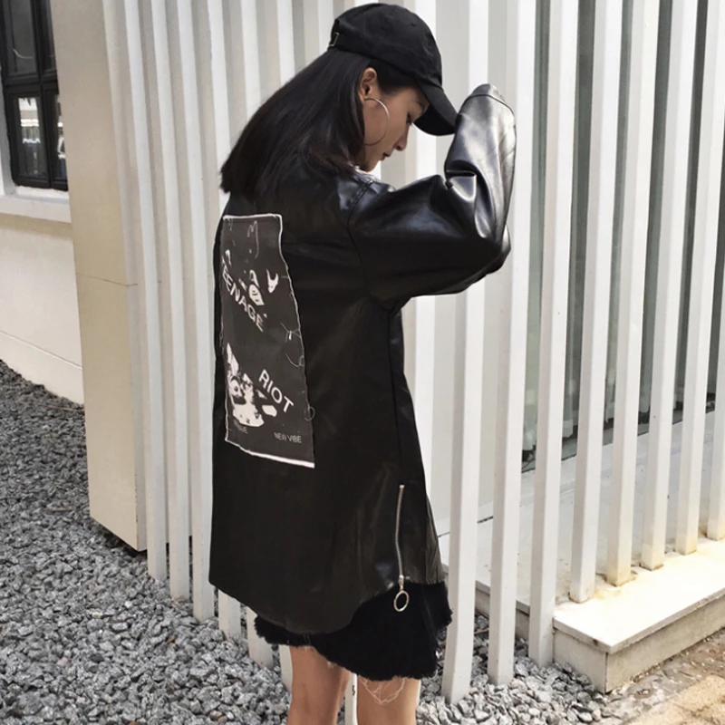 Весна 2019 черная Свободная рубашка из искусственной кожи Женский однобортный