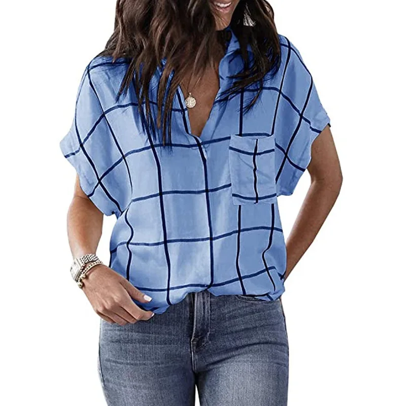 

Spring and Summer New Fashion Women's Casual Loose Check Print Pocket V-Neck Short-Sleeved Plus Size Pullover T-Shirt for Girls