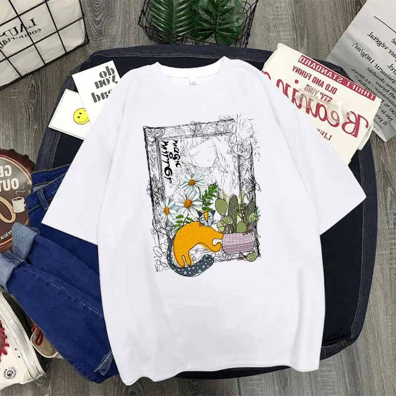 

Футболка женская с ручной росписью, мультяшный Графический Топ с милой девушкой и кошкой, изысканная летняя одежда для эстетических девуше...