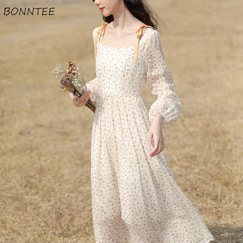 

Long Sleeve Dress Women Lace-up Simple Floral Elegant Lovely Trendy Ladies Holiday Empire Autumn Fashion Cozy Female Vestido Ins