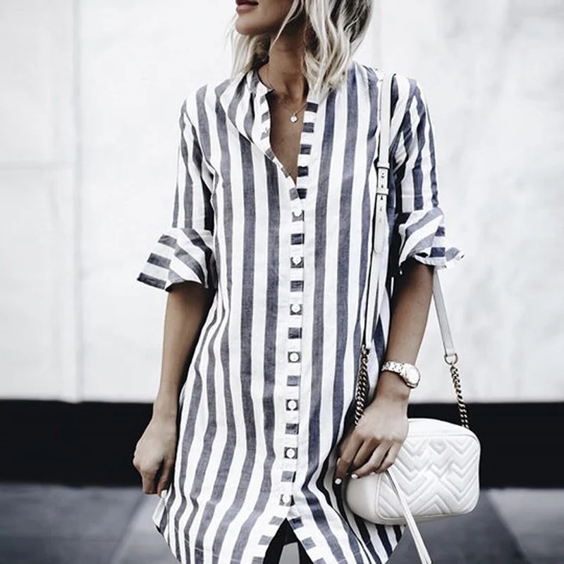 

Pop Women Striped Short Sleeve Shirt Loose Autumn Summer Casual Sexy Shirts Button Tops Pop 88