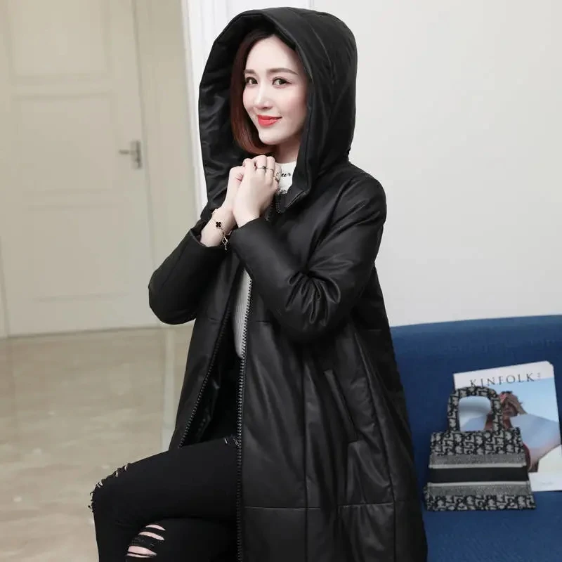 Long Lint Dress Plus Velvet 2022 Women's Leather Padded Jacket Winter Haining Commuter Imitation Fur Coat Solid Color