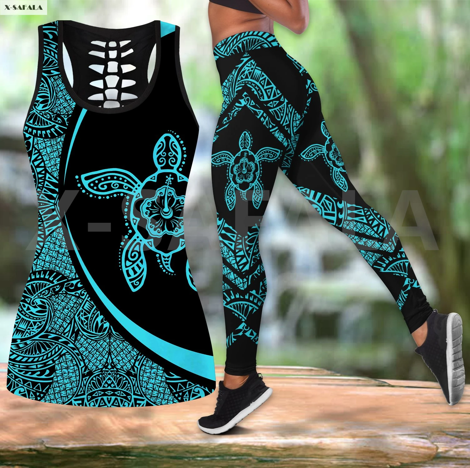 

Turtle Two Piece Yoga Set Women 3D Print Vest Hollow Out Tank Top High Waist Legging Summer Casual Sport